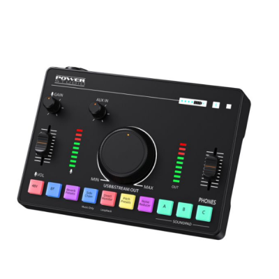 Mesa de som preta compacta com botões coloridos e luzes LED