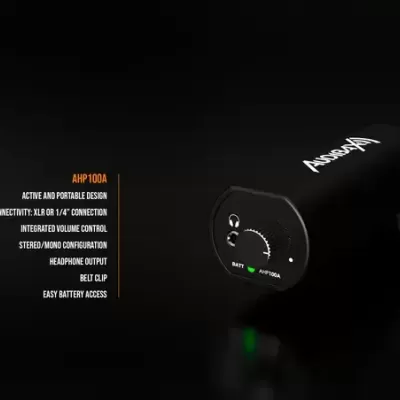 Microfone portátil preto AHP100A com controlo de volume e indicadores de bateria