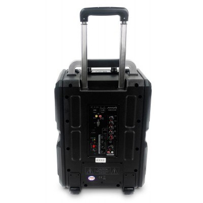 Coluna de som portátil preta com alça telescópica e painel traseiro com botões