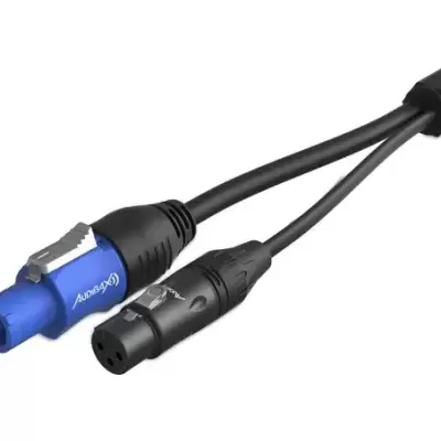 Cabo áudio com conetores Speakon e XLR preto e azul