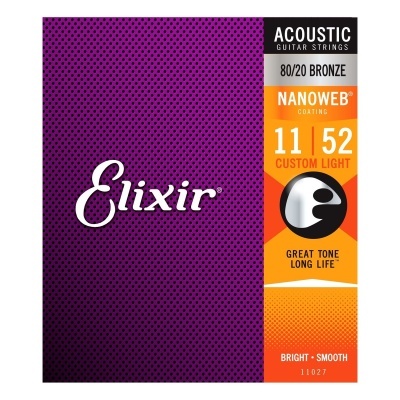 Embalagem roxa de cordas para guitarra acústica Elixir com detalhes em branco e laranja