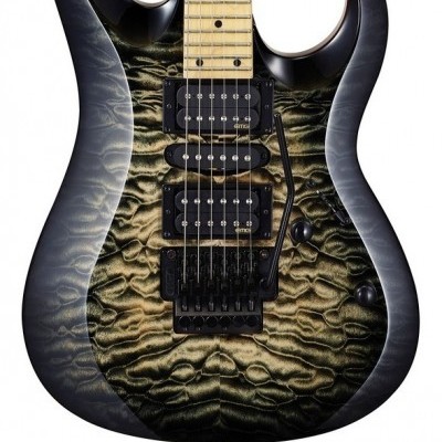 Guitarra elétrica cinza para preto com padrão texturizado e três captadores pretos