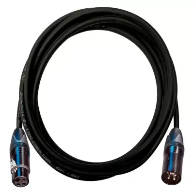 Cabo de microfone XLR preto com conectores metálicos azuis