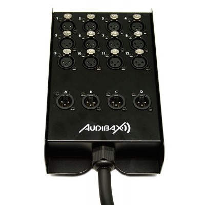 Régua de tomadas preta AUDIOMAX com 16 entradas tipo XLR e quatro conectores circulares.