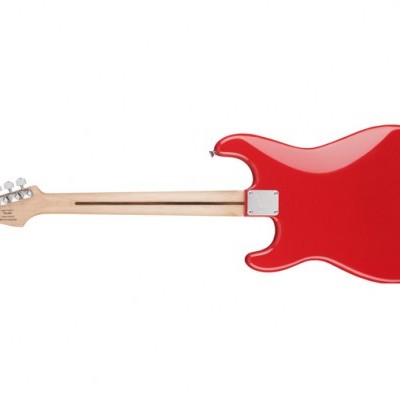 Guitarra elétrica vermelha vista de trás com corpo brilhante e braço de madeira clara