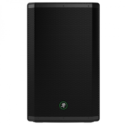 Coluna de som preta com grelha perfurada e logótipo verde