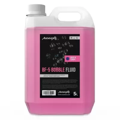 Recipiente plástico com líquido rosa e rótulo preto para fluido bolhas