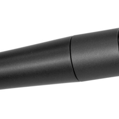Microfone dinâmico preto SHURE SM57 com grelha metálica preta e texto Branco