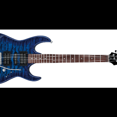 Guitarra elétrica azul com braço castanho e ponte metálica