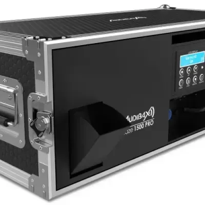 Equipamento de som profissional preto com ecrã e microfone