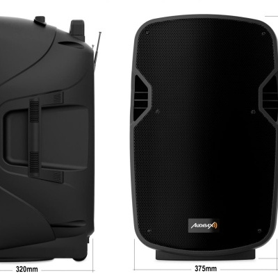 Coluna de som preta AdonisQ vista de lado e frente com medidas