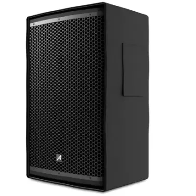 Coluna de som preta com grelha hexagonal e logótipo branco