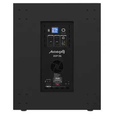Vista traseira de subwoofer preto com controles e conexões