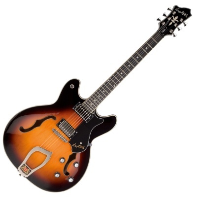 Guitarra elétrica semi-acústica sunburst com braços e botões cromados