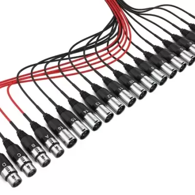 Cabo multipar XLR com 18 plugues pretos numerados e fios vermelho e preto