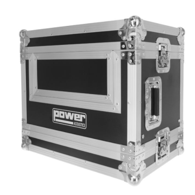 Mala de transporte preta com acabamento metálico prateado e texto Power Acoustics