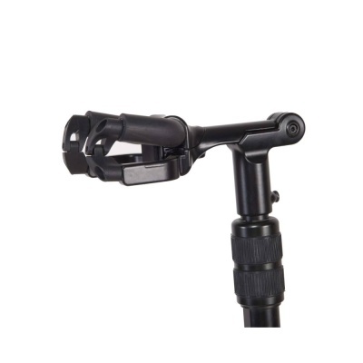 Suporte ajustável preto com encaixe para dispositivo sobre fundo branco.