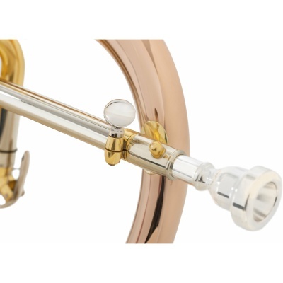 Instrumento musical de sopro em metal dourado e prateado com bocal