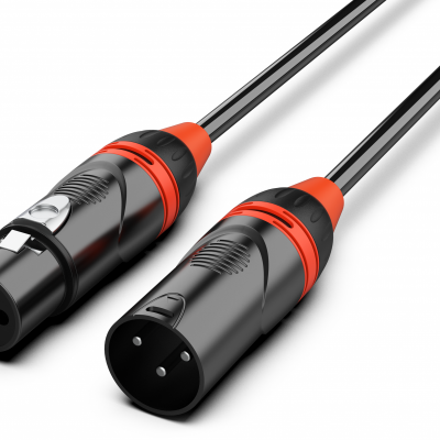 Cabo de áudio preto com conectores XLR masculino e feminino