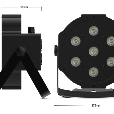Luz LED circular preta para palcos com sete lâmpadas e medidas indicadas