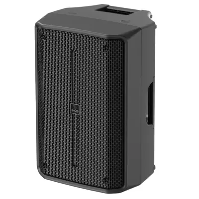 Coluna de som preta com grelha metálica e pega para transporte