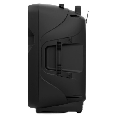 Coluna de som portátil preta com alça e botões no topo