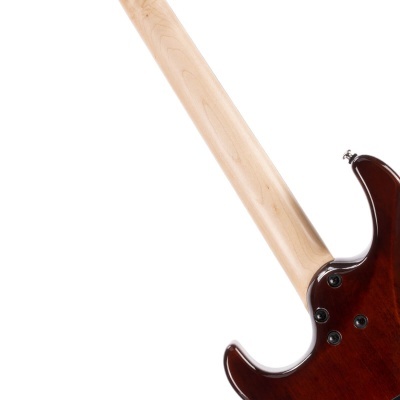 Parte traseira de uma guitarra elétrica com corpo castanho escuro e braço claro