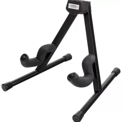 Suporte para guitarra preto com braços almofadados e estrutura metálica em forma de A