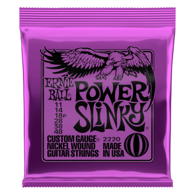 Pacote roxo de cordas de guitarra ERNIE BALL POWER Slinky com texto e desenho de águia em preto