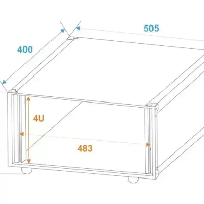 Estrutura metálica para rack com dimensões e indicações em azul e laranja