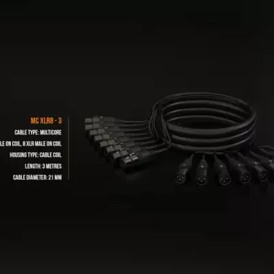 Cabo multicore preto enrolado com conectores XLR e RJ visíveis