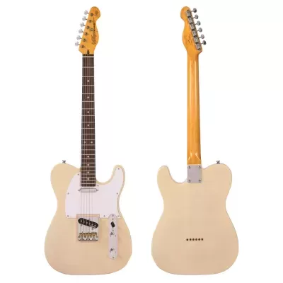 Guitarra elétrica creme de corpo único vista de frente e de costas