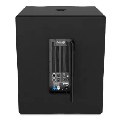 Subwoofer preto com painel traseiro e entradas variadas