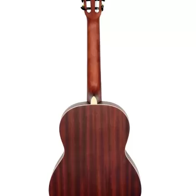 Guitarra clássica de madeira castanho escuro vista de trás