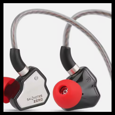 Auriculares intra-auriculares pretos com pontas vermelhas e cabo transparente