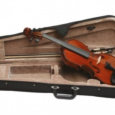 Violino de madeira castanha dentro de estojo preto com interior bege