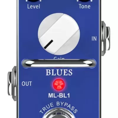 Pedal de efeitos guitarra azul com botões e luz vermelha