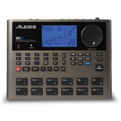 Bateria eletrónica Alesis SR18 com ecrã digital azul e vários botões de controle