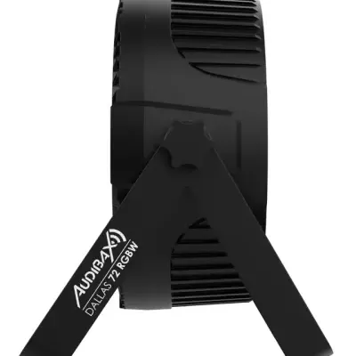 Luz LED preta circular com suporte tripé e texto AUDIBAX DALLAS 72 RGBW