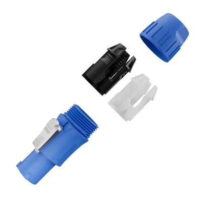 Peças plásticas com roscas e clipes metálicos em fundo branco.