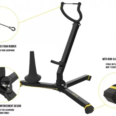 Suporte preto para instrumento musical com base triangular e detalhes em espuma