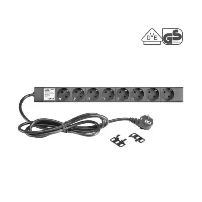 Extensão elétrica preta com oito tomadas, cabo e ficha