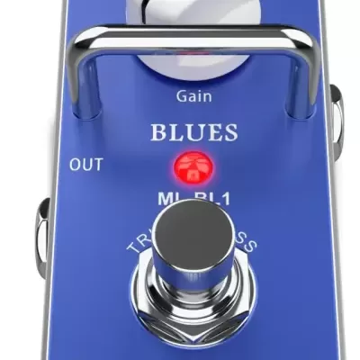 Pedal de efeitos para guitarra azul com botões e texto