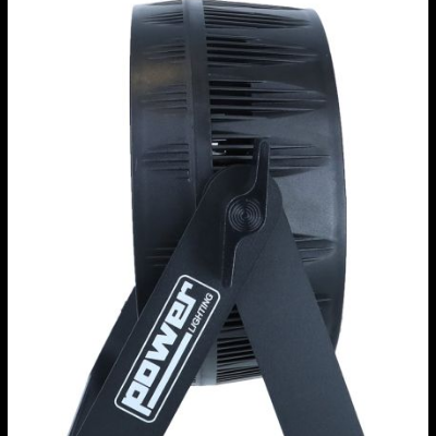 Ventoinha preta grande com suporte metálico e texto POWERN LIGHTING