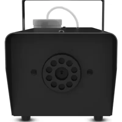 Máquina preta quadrada com detalhe frontal redondo e suporte metálico