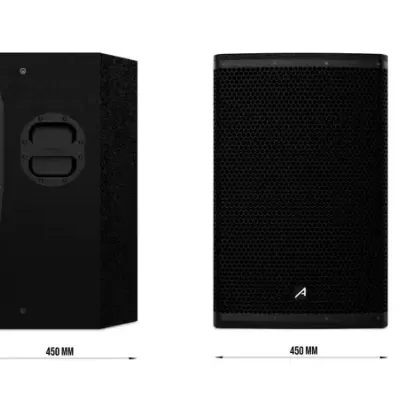 Colunas pretas com grelha texturizada e alça de transporte vista frontal e lateral