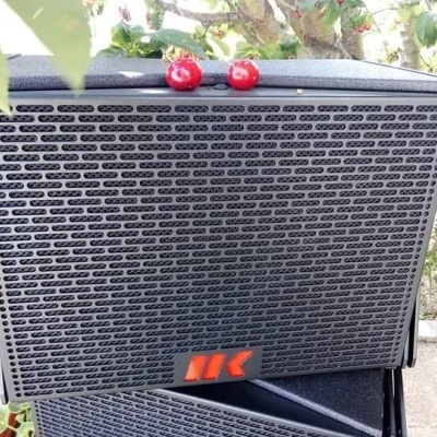 Coluna de som preta com grelha e logótipo vermelho MK em ambiente exterior com plantas