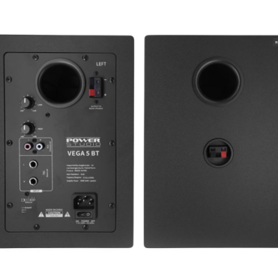 Conjunto de colunas Power Studio Vega 5 BT pretas vistas de trás com controlos e ligações