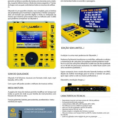 Folheto promocional do dispositivo amarelo Okyweb4 para karaokê com ecrã colorido e texto em português