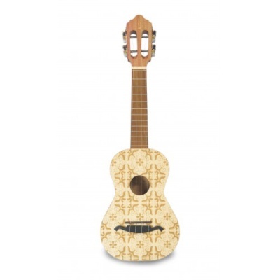 Guitarra acústica com corpo decorado com padrão floral castanho